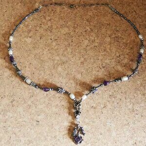 Handmade Beaded Necklace w/ Purple Stones, Silver Finials & Pearl Accents